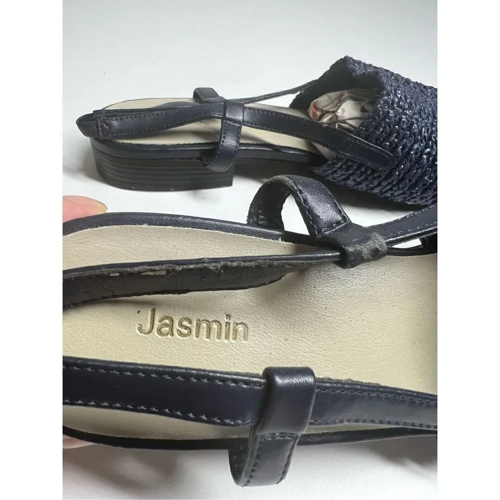 Jasmin Navy Blue Stretch Macrame  Leather Combination Flat Heel Sling Back Slip